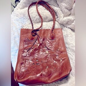 PATRICIA NASH CAVO TOOLED LEATHER CUTOUT TAN TOTE PURSE